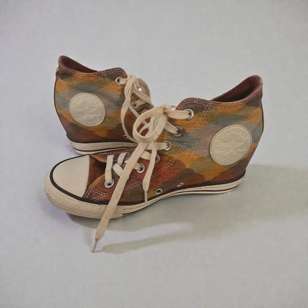 Women's Converse Plaid Wedge Sneakers Brown Orange Size 8 - Picture 3 of 5